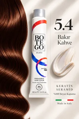 botegohair Profesyonel Kalıcı Krem Saç Boyası - 5.4 Bakır Kahve - 100 ml – Keratin ve Seramid İçeren