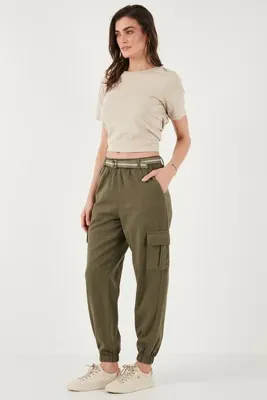 Lela Pamuklu Standart Fit Normal Bel Lastikli Paça Kemerli Jogger Pantolon PANTOLON 668YP5045