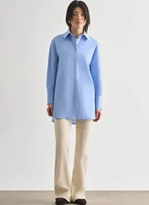 Mizalle Premium Saf Pamuk Kalın Manşetli Oversize Mavi Gömlek