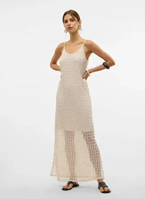 Vero Moda Ekru Kadın Geniş Elbise VMDYLIE S/L V-NECK ANKLE DRESS WVN
