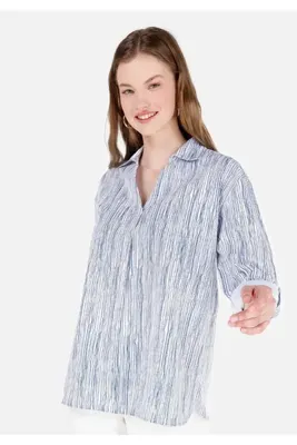 Colins Regular Fit Shirt Neck Çizgili Kadın Beyaz Roll-Up Gömlek