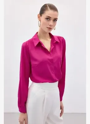 Sateen Düz Klasik Gömlek - Fuşya